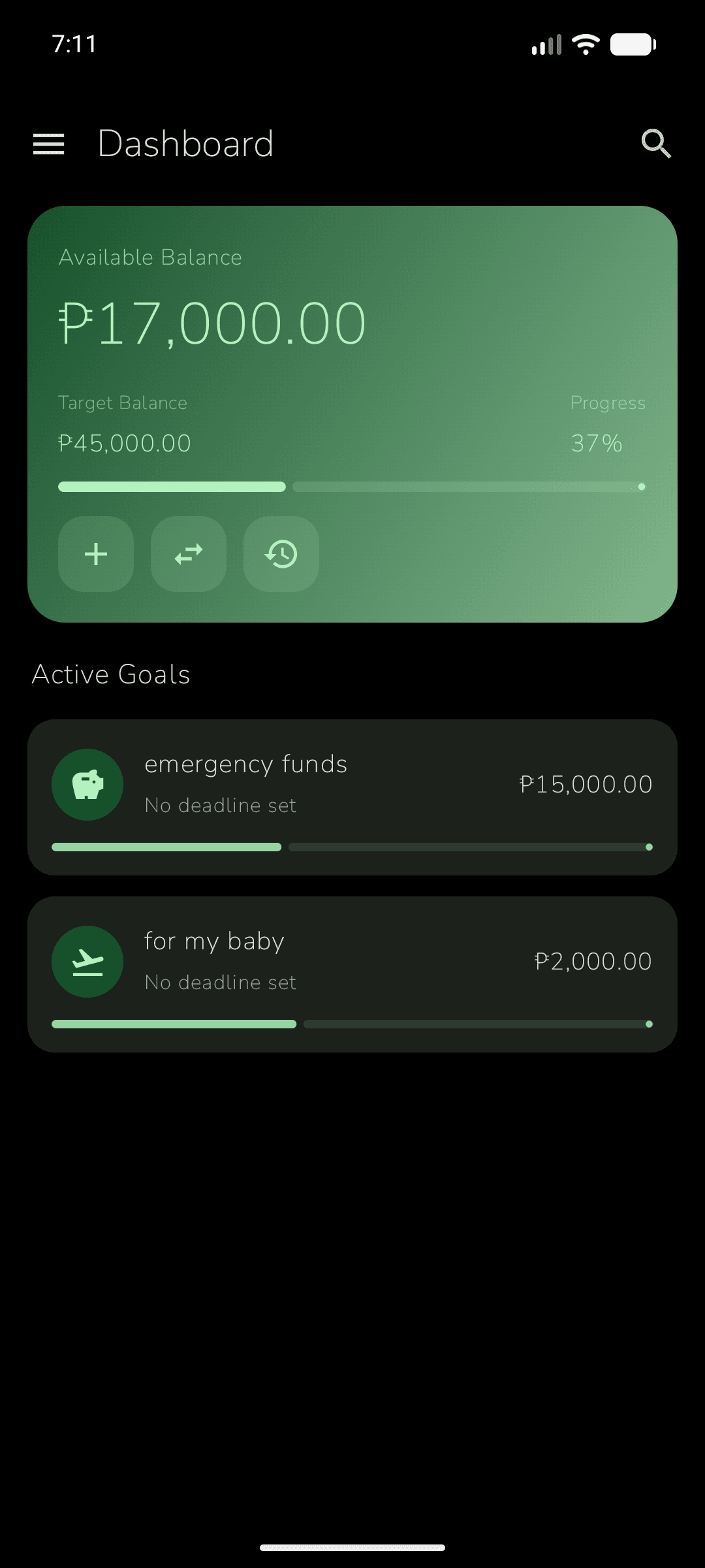 Piggo dashboard screen